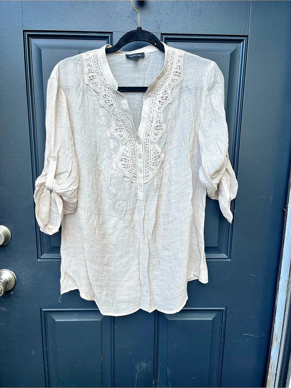 Spense Lace Trim Tie Sleeve Blouse in White Size Large Like New